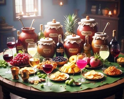 Artisan-style homemade fruit wines displayed in various jars, bottles, and wine glasses, with fresh fruits used for fermentation.