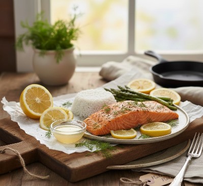 A perfectly baked salmon fillet topped with a translucent lemon slice and fresh green dill, served on a light-colored ceramic plate.