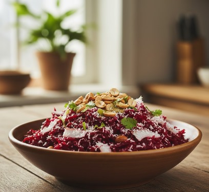 A vibrant bowl of grated deep-red beetroot mixed with snowy white grated coconut and topped with crunchy peanuts, reflecting a traditional homestyle vegetarian salad.