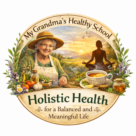 My Grandma’s Healthy School logo featuring a warm grandmother figure symbolizing holistic health, natural remedies, balanced living, and traditional wisdom.