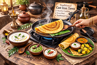 Cooking dosa batter evenly on a heated cast iron tawa