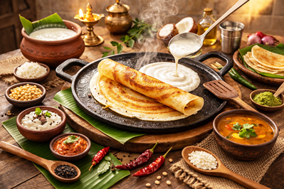 Grandma making dosa on a cast iron tawa in a traditional kitchen