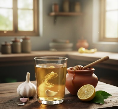 A glass of golden garlic and honey tonic with a clove of garlic floating inside, placed on a rustic wooden table. Beside it are fresh garlic bulbs, a small terracotta pot of honey with a dipper, and a sliced lemon with green leaves. The background shows a soft-focus, warm-lit kitchen.