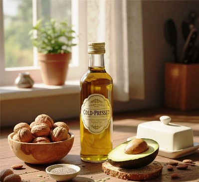 A rustic kitchen counter featuring a bottle of golden olive oil, a wooden bowl of walnuts, and a fresh halved avocado.