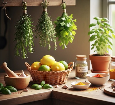 A cozy kitchen scene with bunches of fresh green herbs, sliced lemons, and a wooden bowl of garlic on a rustic countertop.