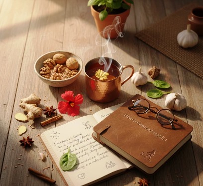 A close-up of a warm cup of herbal tea next to a bowl of fresh walnuts on a rustic wooden table.