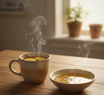 steaming cup of herbal ginger tea sitting next to a small, warm bowl of clear broth on a rustic wooden table, representing gentle digestion.