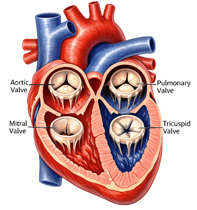 Illustration of human heart showing four valves inside heart chambers