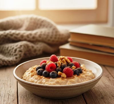 A warm rustic ceramic bowl filled with creamy  steel-cut oats topped with fresh blueberries, raspberries, crushed walnuts, and a sprinkle of cinnamon.