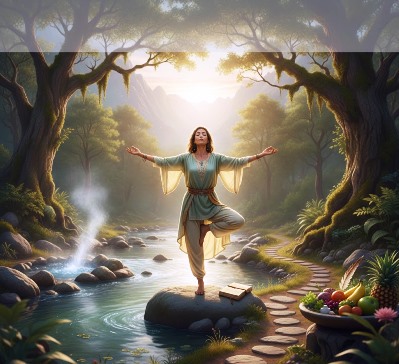 A serene woman in traditional-style clothing standing in a yoga tree pose on a stone in a lush forest. A peaceful stream flows nearby, and sunlight filters through large trees, symbolizing holistic balance and inner peace
