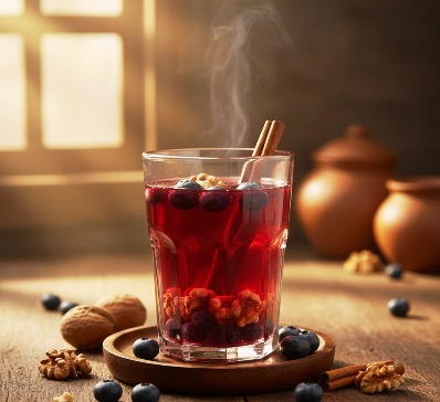 A steaming glass mug of deep jewel-toned berry Paanakam, with softened blueberries and crushed walnuts visible at the bottom, resting on a rustic wooden surface with cinnamon sticks nearby.