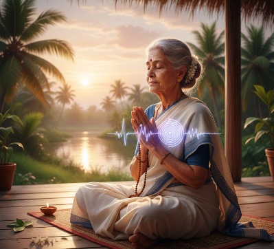 Elderly woman sitting peacefully in prayer at sunrise, symbolizing calm heart rhythm and traditional wisdom