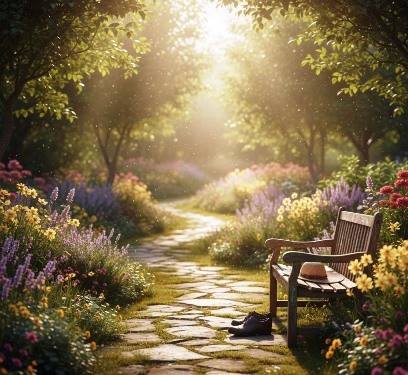 A peaceful view of a winding garden path in the soft morning light, with a pair of comfortable walking shoes resting on a wooden bench.