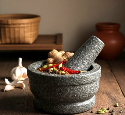 A heavy, dark granite mortar and pestle sitting on a wooden kitchen counter, filled with a colorful mix of crushed peppercorns, dried red chilies, and a knob of fresh ginger.