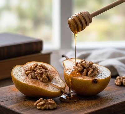 Two halved pears topped with golden toasted walnuts and a drizzle of honey, sitting on a rustic wooden board.