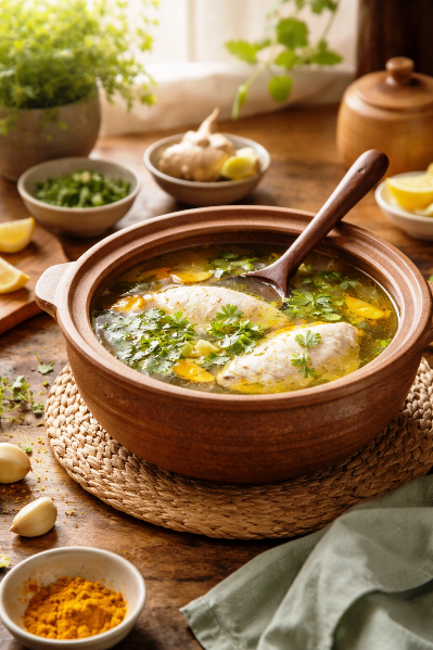 Traditional light fish broth served in clay pot in calm home kitchen setting
