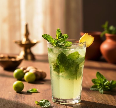A refreshing glass of pale green Amla and ginger juice garnished with fresh mint on a wooden surface.