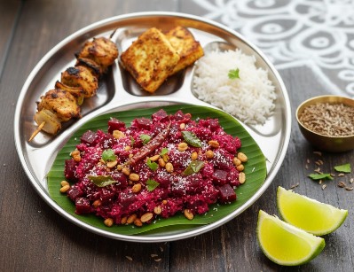 Traditional homestyle beetroot and peanut sundal style salad prepared with fresh ingredients