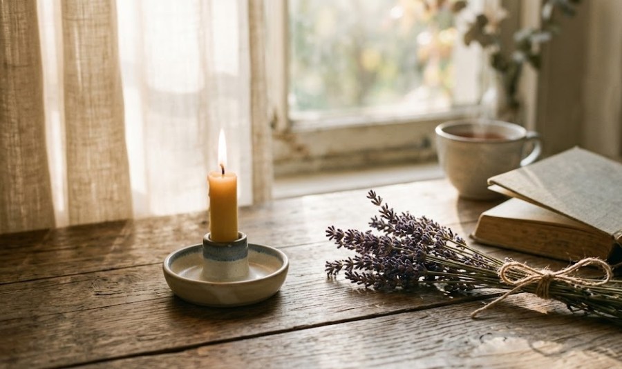 A serene image of a lit candle and a sprig of dried lavender on a wooden table, with soft, hazy sunlight creating a peaceful atmosphere for reflection.