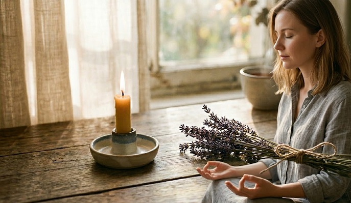A serene image of a lit candle and a sprig of dried lavender on a wooden table, with soft, hazy sunlight creating a peaceful atmosphere for reflection. and a young lady calm and peaceful concentrating on her breath