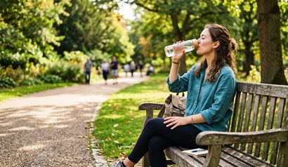 Woman in a blue top sitting on a park bench drinking water from a transparent water bottle with broad mouthed golden lid,  her bag is at the right side of the bench and a pen and spiral bound book on the left side of the bench, some people walking along the path in the path in front of her.