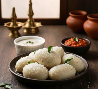 A plate of white, steamed savory rice dumplings (Kozhukkatta) garnished with curry leaves and served with coconut chutney.