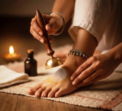 A traditional Kansa Wand being used for a foot massage (Padabhyanga) with oil on the foot pad, set in a calm, candlelit room with a wooden floor and traditional Indian elements.