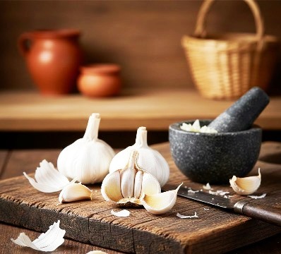 A rustic kitchen scene featuring several whole bulbs of white garlic and a few loose cloves on a dark wooden board, with a small stone mortar and pestle nearby.