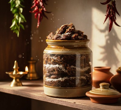 A ceramic 'Bharani' jar filled with dark, salted tamarind on a rustic shelf