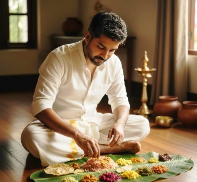 Person sitting cross-legged on the floor eating a traditional Kerala sadya with their hands from a banana leaf during a homestyle meal.