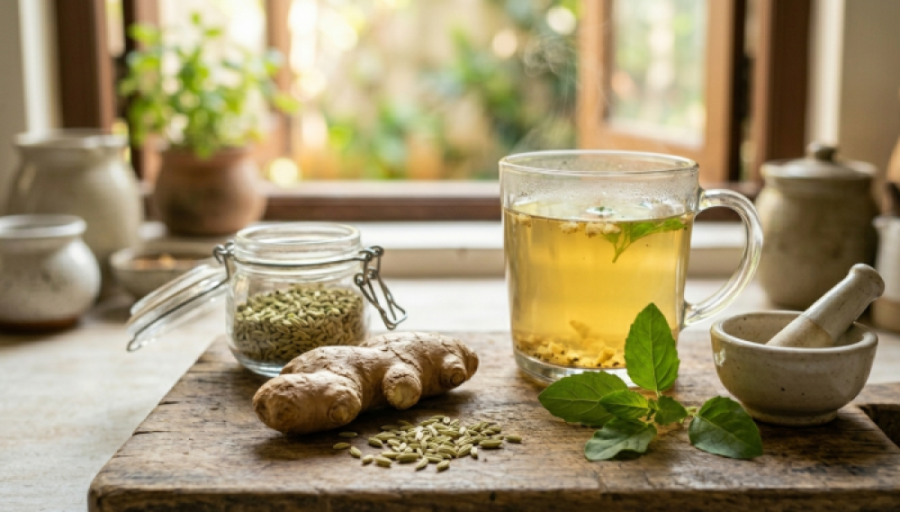 A beautiful, high-resolution lifestyle shot of a steaming glass mug of herbal tea on a rustic wooden board. The scene features the three fresh key ingredients: a whole ginger root, a cluster of vibrant green Tulsi (Holy Basil) leaves, and a small glass jar filled with green fennel seeds. A small stone mortar and pestle sit to the side, and the background shows a sunlit kitchen window with blurred greenery, creating a clean and natural wellness aesthetic.