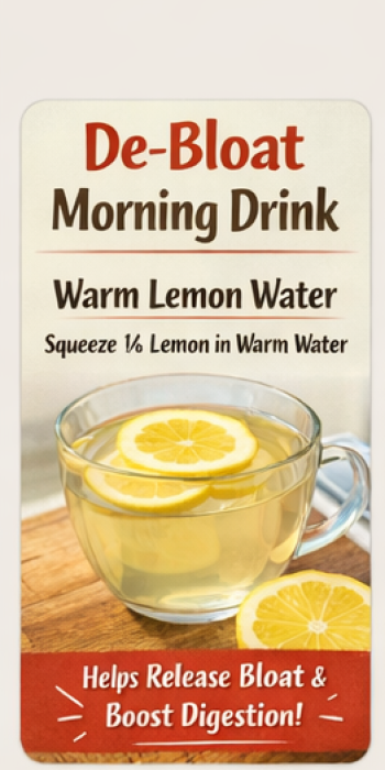 De bloat morning drink, image of a transparent glass tea cup of warm water with 3 lemon slices.