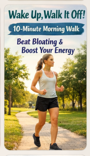 Image of a Young lady having a morning walk in open air with lots of trees and greenery to beat bloating and boost energy.