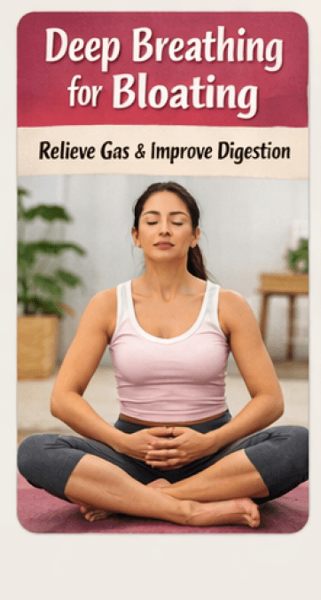 Image of a Young lady doing deep breathing sitting on the floor with crossed legs and fingers to get rid of morning bloating.