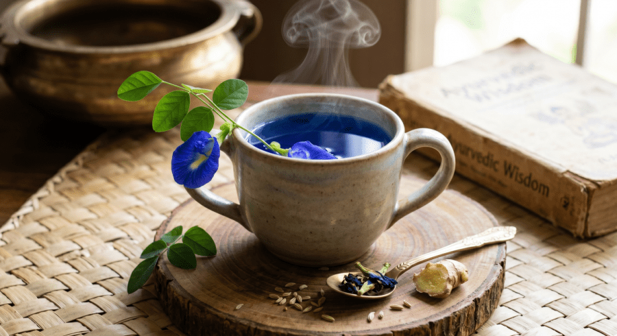 Clay mug with steaming blue Shankupushpam tea, butterfly pea flowers, ginger and fennel in a Kerala setting