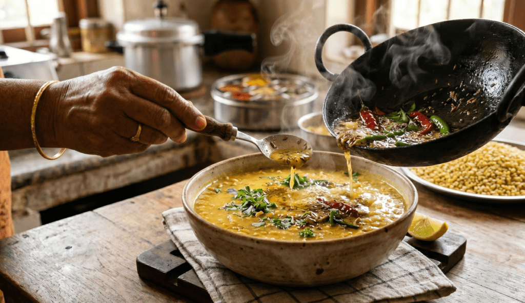A rustic, top-down view of a creamy bowl of Yellow Moong Dal being tempered with sizzling ghee, cumin seeds, and fresh curry leaves. In the background, a plate of red rice and Ragi chapatti completes this traditional, gut-healing Indian meal.