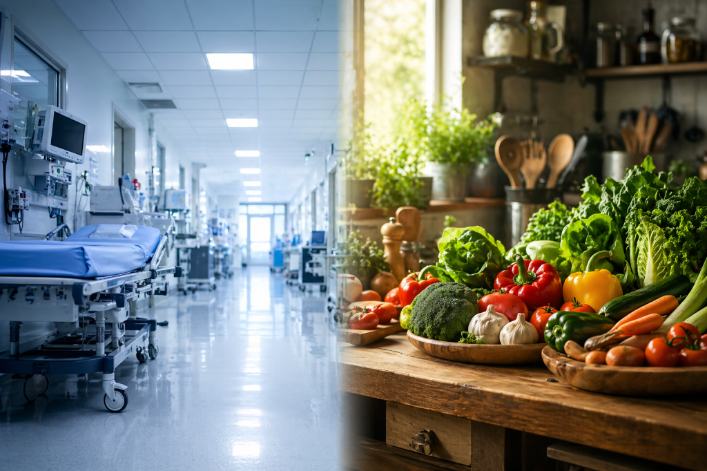 A split-screen image showing a sterile, white hospital corridor on the left and a vibrant, sunlit home kitchen garden with green herbs and vegetables on the right, representing the choice between reactive and preventive health. 