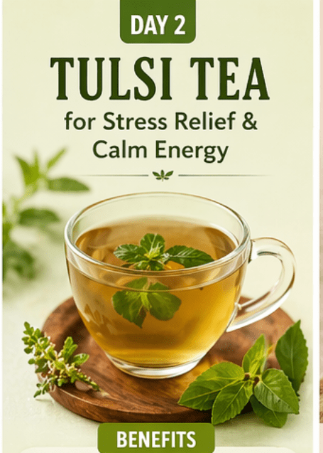 Tulsi tea in a transparent tea cup with some tulsi leaves inside and displayed in a wooden coaster.