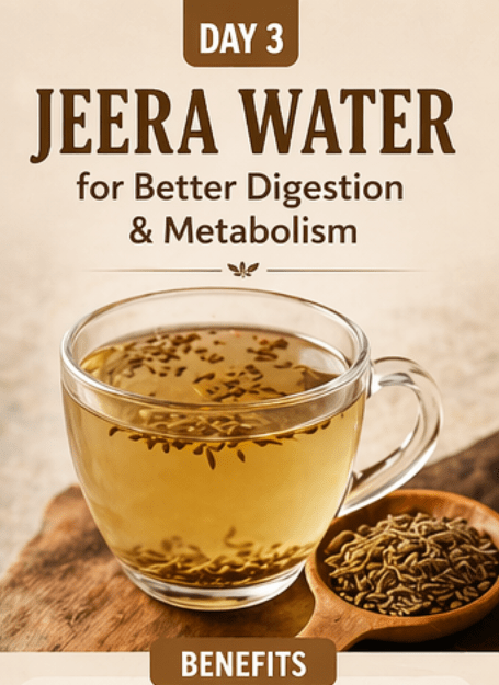 A transparent glass tea cup filled with Jeera water and some Jeera's are   in the cup . Cup is placed on a wooden plank. An wooden spoon filled with Jeera is placed at the  side of the cup.