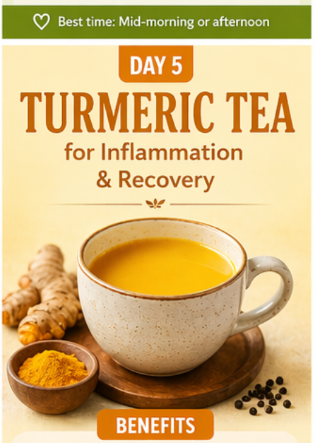 A warm, inviting shot of a steaming clear glass mug filled with bright golden turmeric tea, resting on a linen coaster. Tiny specks of cracked black pepper are visible on the surface of the tea. Next to the mug on a rustic wooden table is a small ceramic bowl of vibrant orange turmeric powder and a fresh, sliced turmeric root. In the soft-focus background, a window looks out onto a green garden, creating a peaceful and healing atmosphere.
