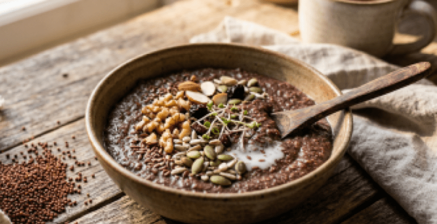 A bowl of warm Ragi porridge with nuts and seeds on top, placed on a wooden surface with raw Ragi grains nearby, representing a natural calcium-rich meal.