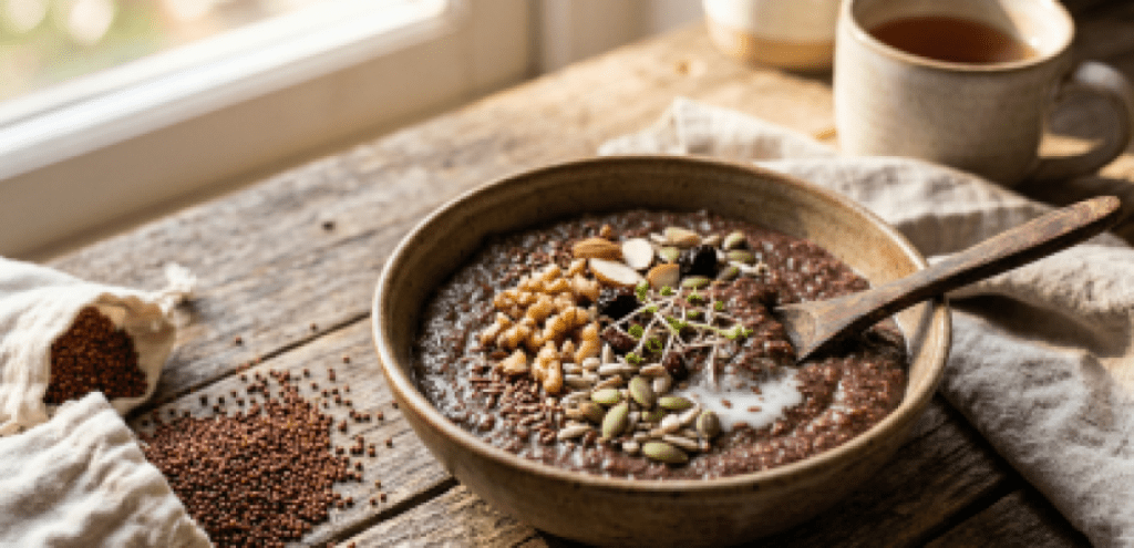 A bowl of warm Ragi porridge with nuts and seeds on top, placed on a wooden surface with raw Ragi grains nearby, representing a natural calcium-rich meal.