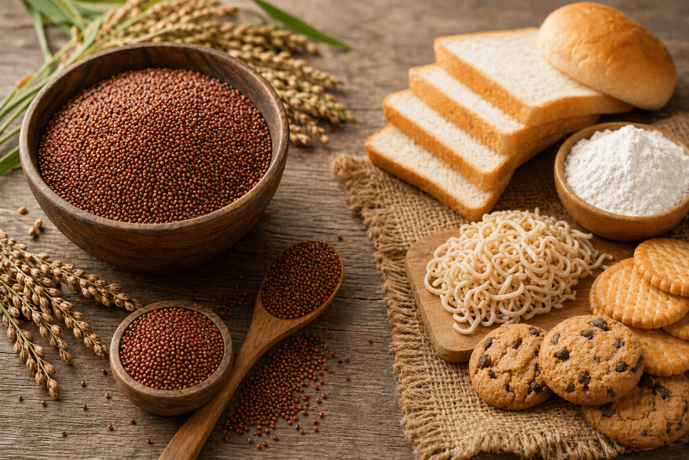 Side-by-side comparison of ragi grains and processed wheat foods like bread, noodles, and biscuits on a rustic wooden surface, highlighting whole grain versus refined choices for better metabolic health