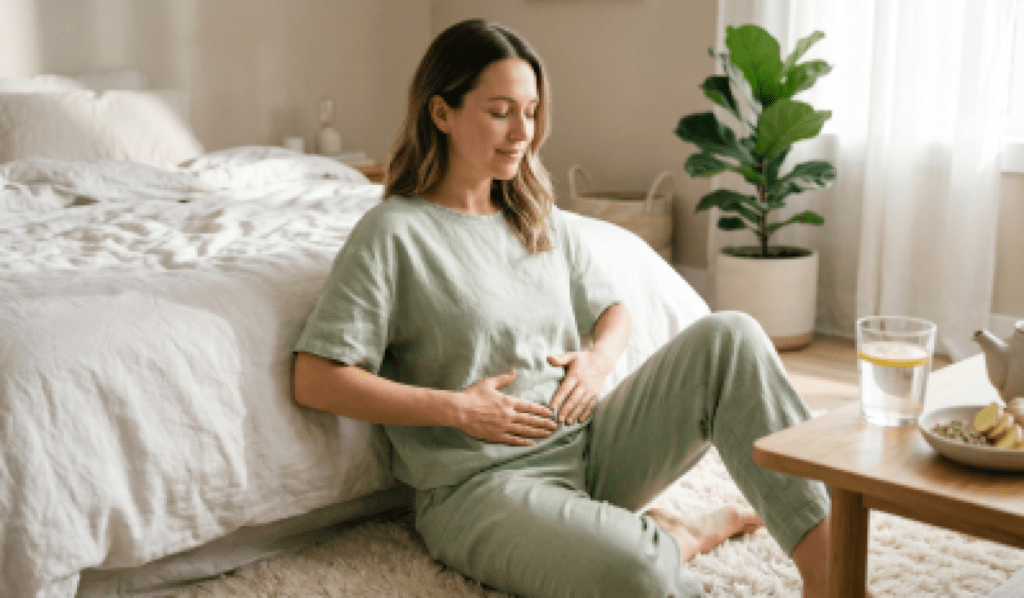 A high-quality, serene lifestyle photograph of a woman sitting on a plush white rug in a bright, sunlit bedroom. She is dressed in comfortable sage-green loungewear, eyes closed with a peaceful expression, as she gently massages her abdomen with both hands. In the foreground, a wooden coffee table holds a glass of warm lemon water, a ceramic teapot, and a small wooden bowl containing fresh ginger slices and fennel seeds. A soft bed and a fiddle-leaf fig plant in the background create a calm, holistic wellness atmosphere.