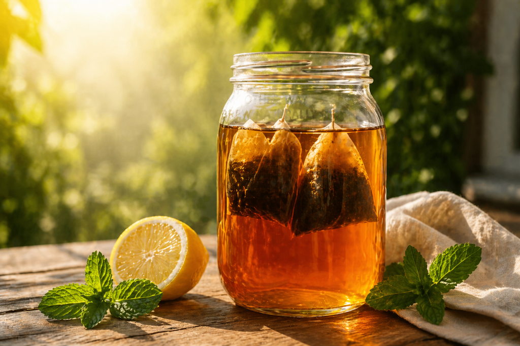 Glass jar filled with amber sun tea, tea bags steeping in warm sunlight, placed on a rustic wooden table with lemon slices and fresh mint, surrounded by soft natural greenery. 
