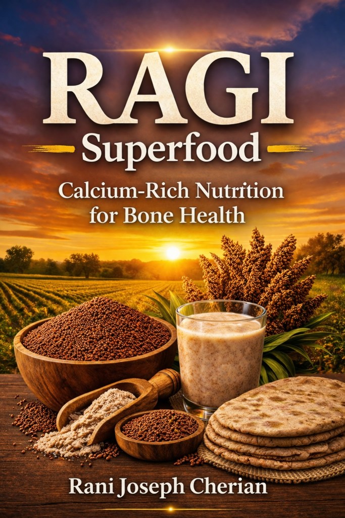 Ragi Superfood - Calcium rich nutrition for bone health book cover with images of Ragi plant, Ragi field, and Ragi food items and bread.