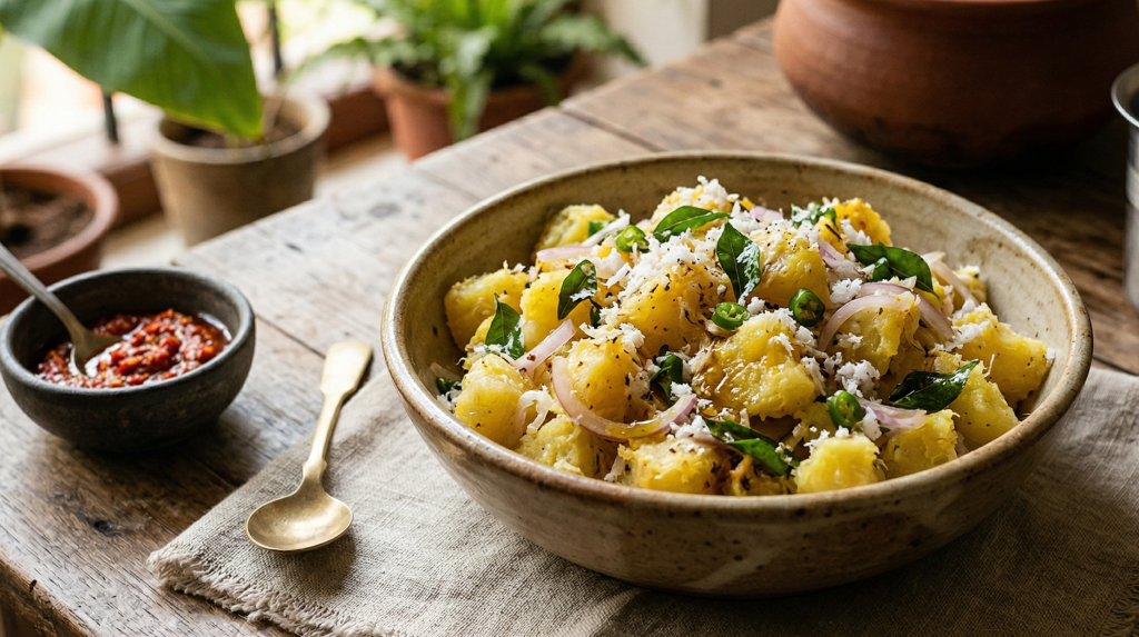 Kerala-style tapioca (kappa) salad in a rustic bowl, gently crushed tapioca cubes mixed with fresh grated coconut, finely chopped red onions, green chillies, curry leaves, and a drizzle of coconut oil, served on a wooden table in natural light.”