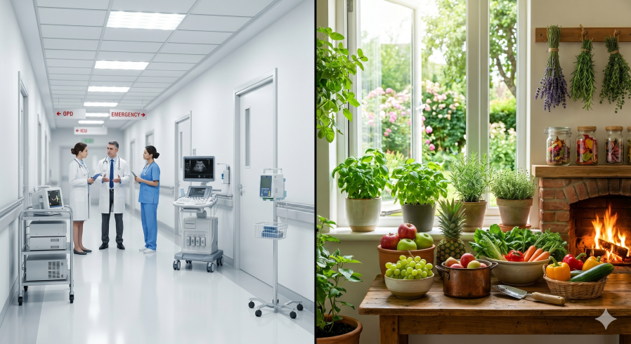 A split-screen image showing a sterile, white hospital corridor on the left and a vibrant, sunlit home kitchen garden with green herbs and vegetables on the right, representing the choice between reactive and preventive health.