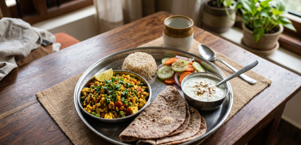A traditional Indian thali featuring Paneer and Peas Bhurji, Ragi rotis, brown rice, fresh curd, and a sliced vegetable salad, served on a steel plate over a rustic wooden table. 
