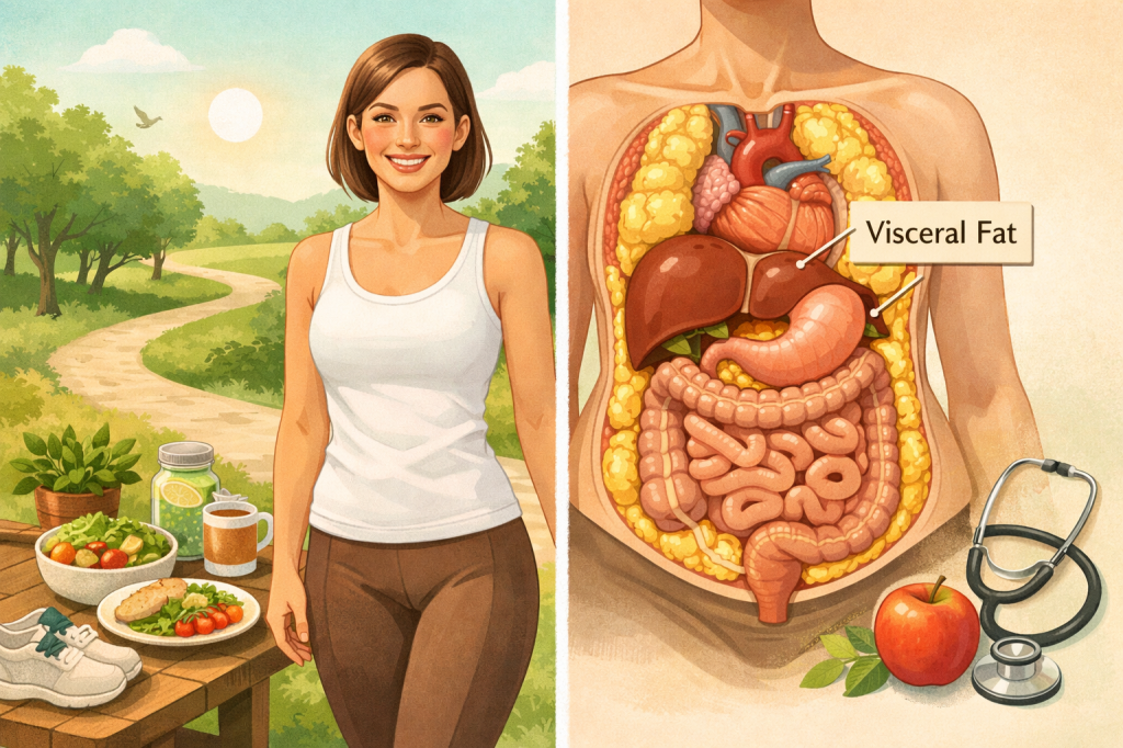 Split-style illustration showing a healthy-looking slim person on one side and a gentle medical diagram of internal organs with visible visceral fat on the other, surrounded by calming lifestyle elements like a walking path and homemade food in warm, natural tones.